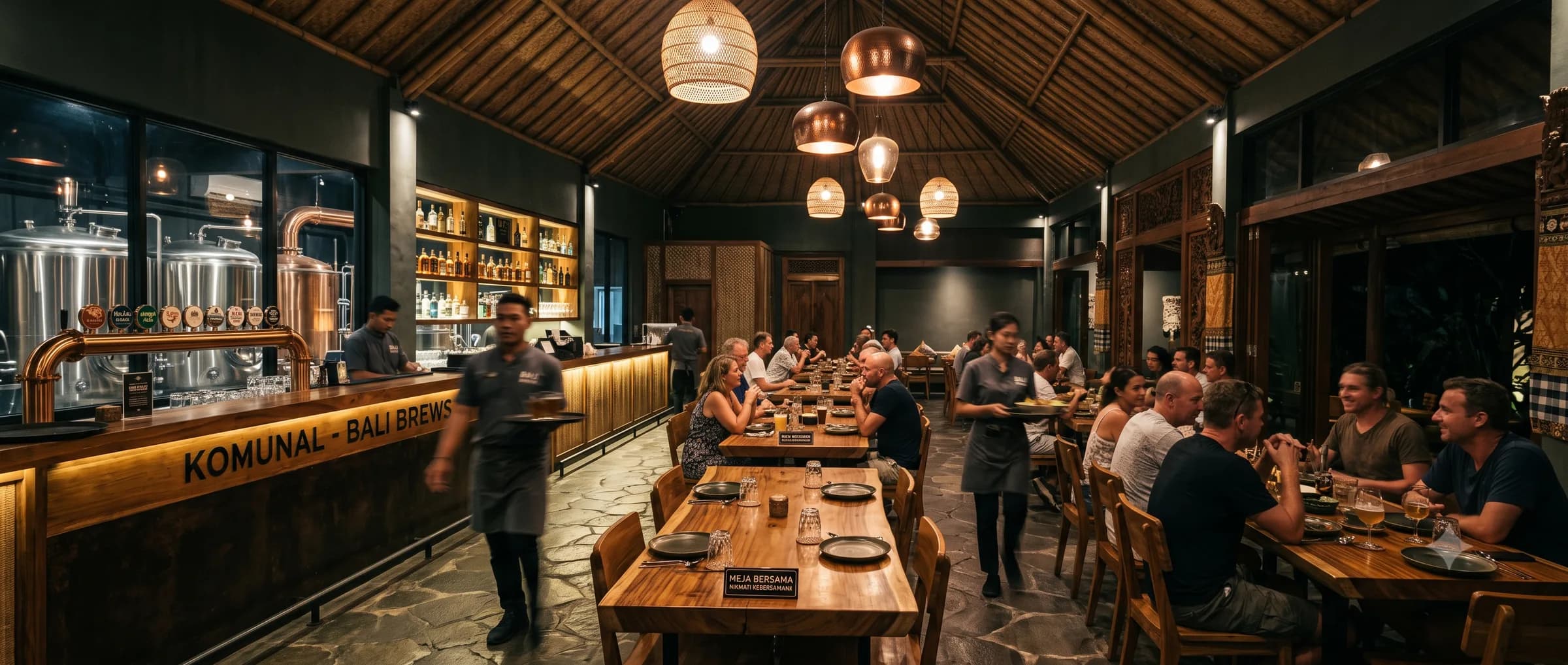 Restoran brewery khas Bali yang temaram dan indah di malam hari — lampu gantung, tangki bir, dan suasana service yang tenang