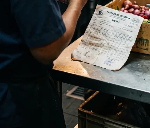 Surat jalan kertas dari supplier di meja dapur stainless steel