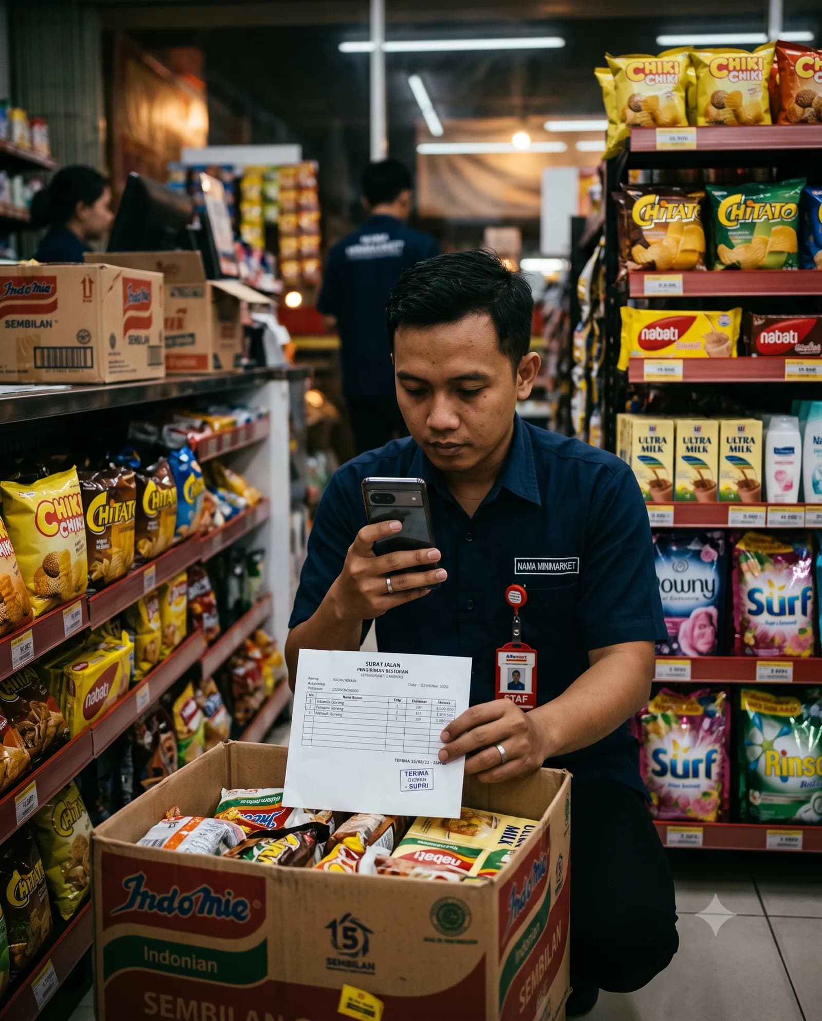 Karyawan minimarket memfoto surat jalan supplier di atas kardus Indomie, dengan rak penuh barang di belakangnya